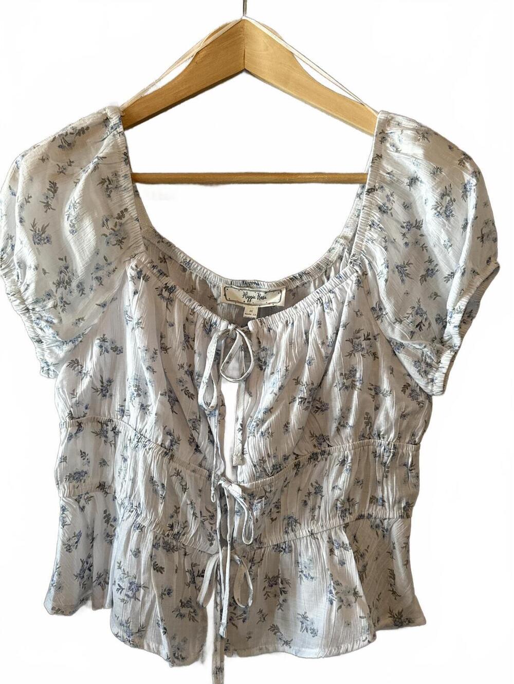 Hippie Rose White Floral Peplum Blouse with Tie Front